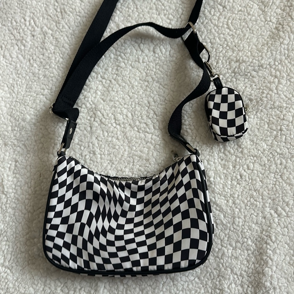 black and white checkered print purse